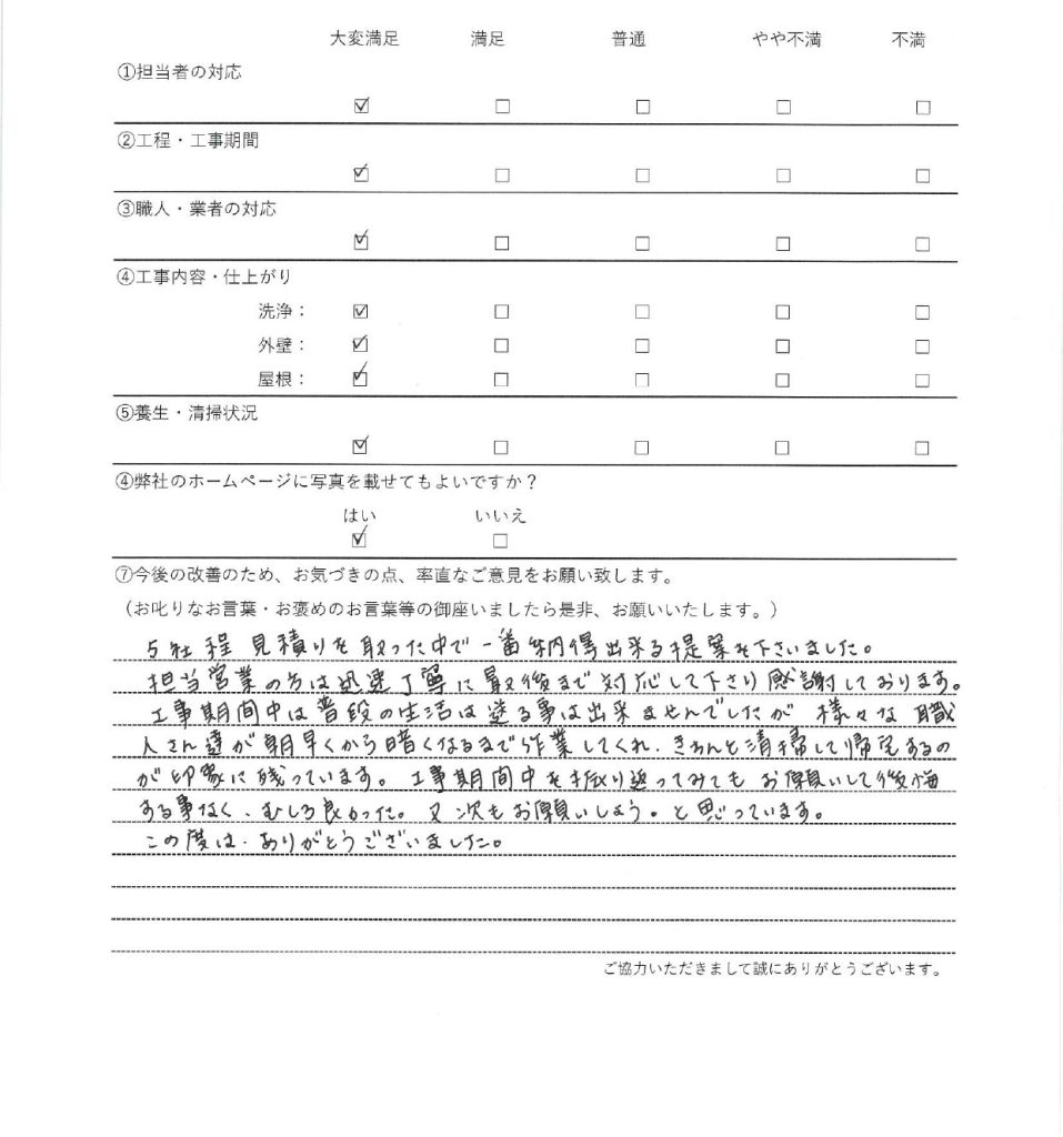 座間市四谷の　内装設備リフォーム　のアンケート