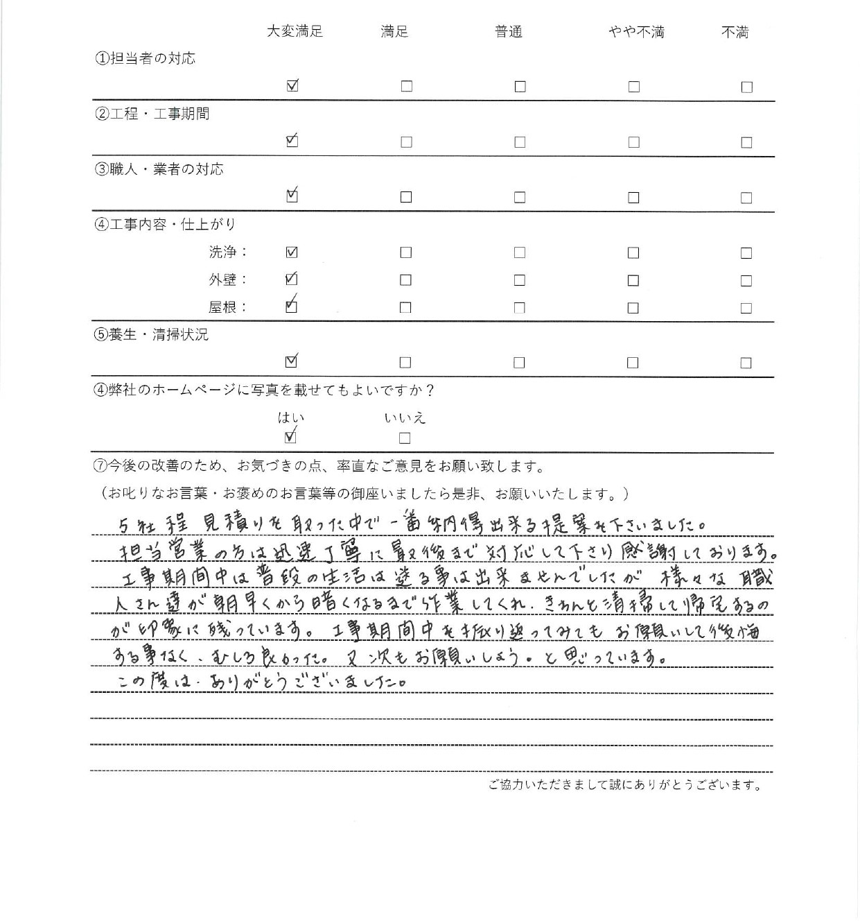 座間市四谷の　内装設備リフォーム　のアンケート